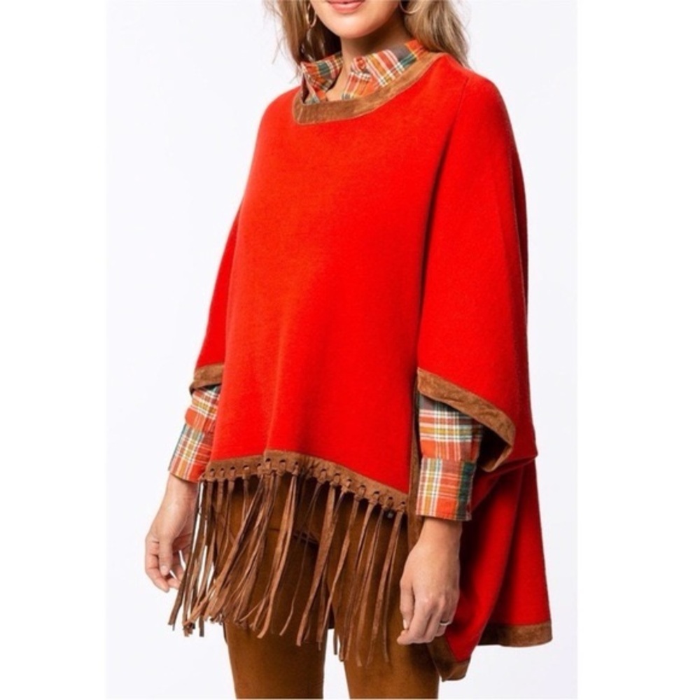Tyler Boe Red Brown Cotton Cashmere Knit Fringe Poncho Sweater Cap Size Small XS - Picture 2 of 9